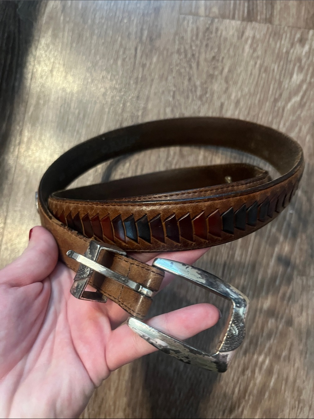 Men's Orvis Brown Leather Braided Accent Belt with Silver Buckle